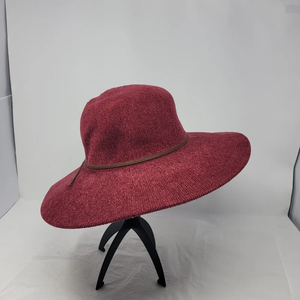 Maroon Burgundy Wide-brim Floppy Hat Knit Faux Leather Band Adjustable‎ Boho